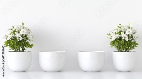 White flower pots and plants arranged symmetrically against a minimalist white wall.