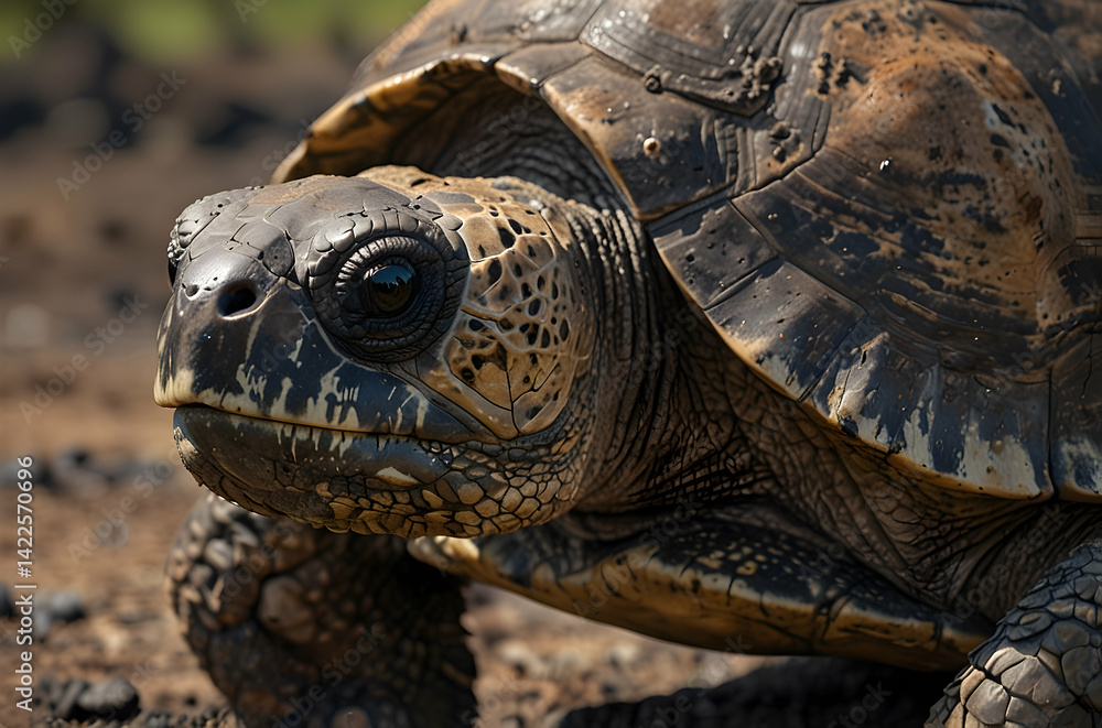 Fototapeta premium Close-up of Galápagos Tortoise with Ancient Features and Rugged Shell