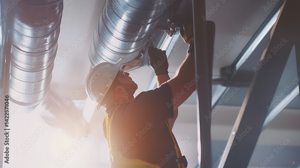 Construction Worker Installing HVAC Ductwork