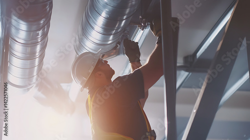 Obraz na płótnie Construction Worker Installing HVAC Ductwork w salonie