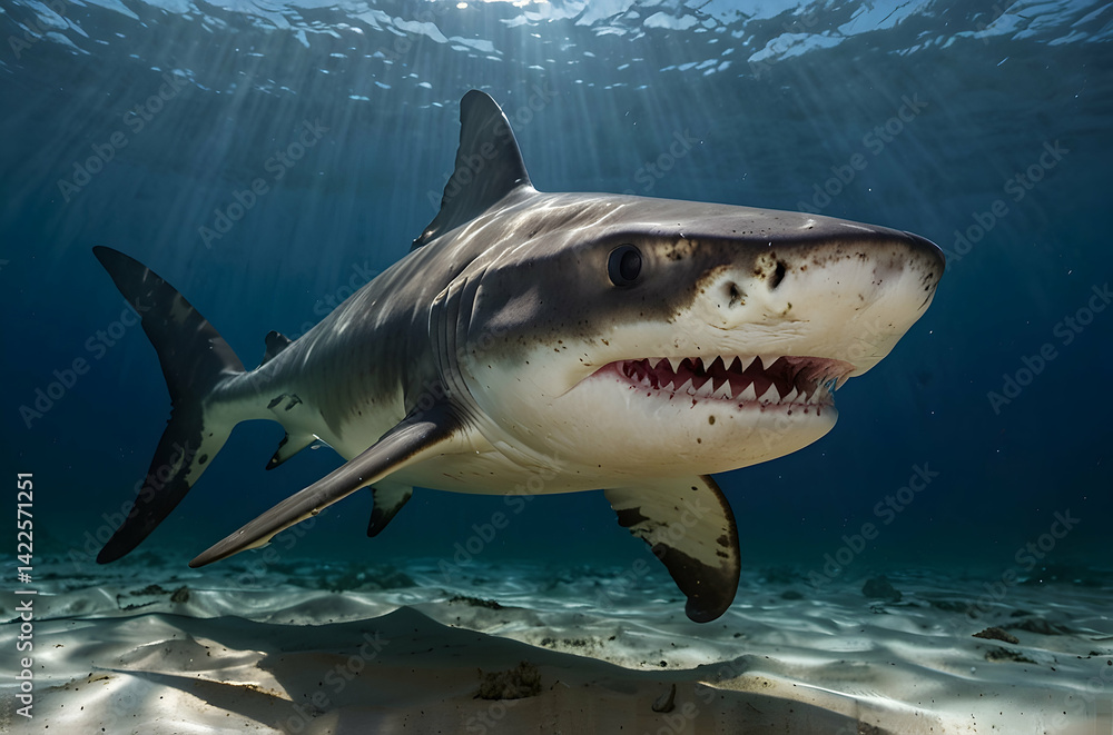 Fototapeta premium Close-up of Great Hammerhead Shark with Distinct Hammer-Shaped Head
