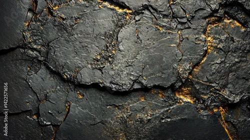 Black stone cracked with golden light, close-up background texture, surface