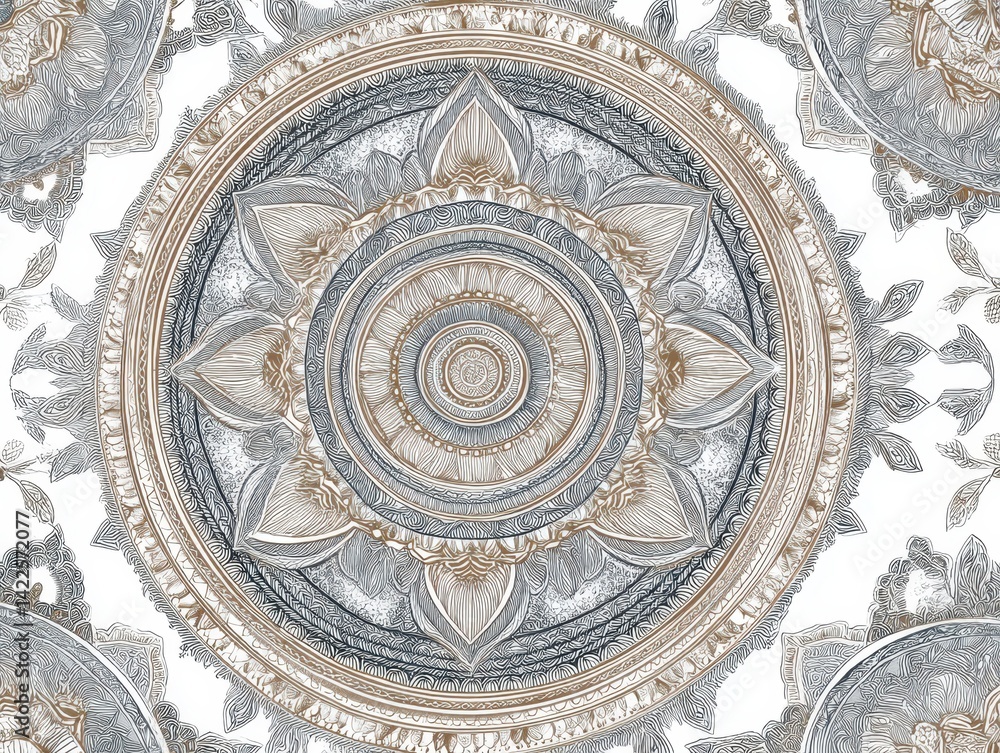 Obraz premium Intricate ornamental design featuring layered circular patterns with stylized floral and geometric elements in neutral tones.