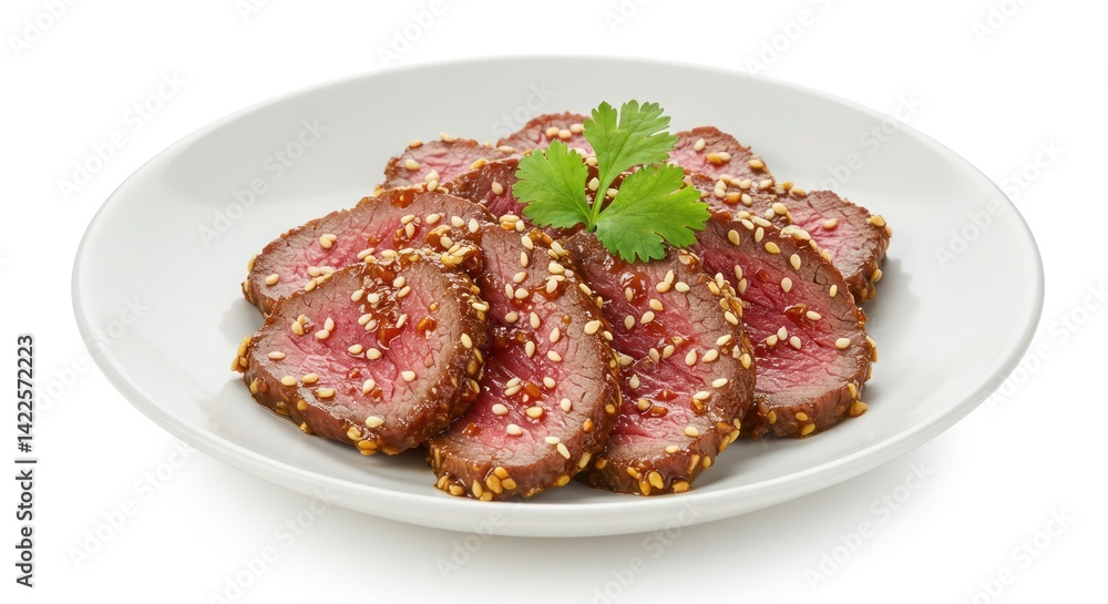 a bowl of well marinated slices of beef garnished with sesame seeds a bowl of well marinated slices of beef garnished with sesame seeds