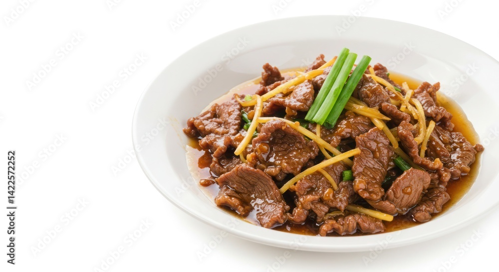 A delicious serving of home made beef ginger dish garnished with sesame seeds A delicious serving of home made beef ginger dish garnished with sesame seeds