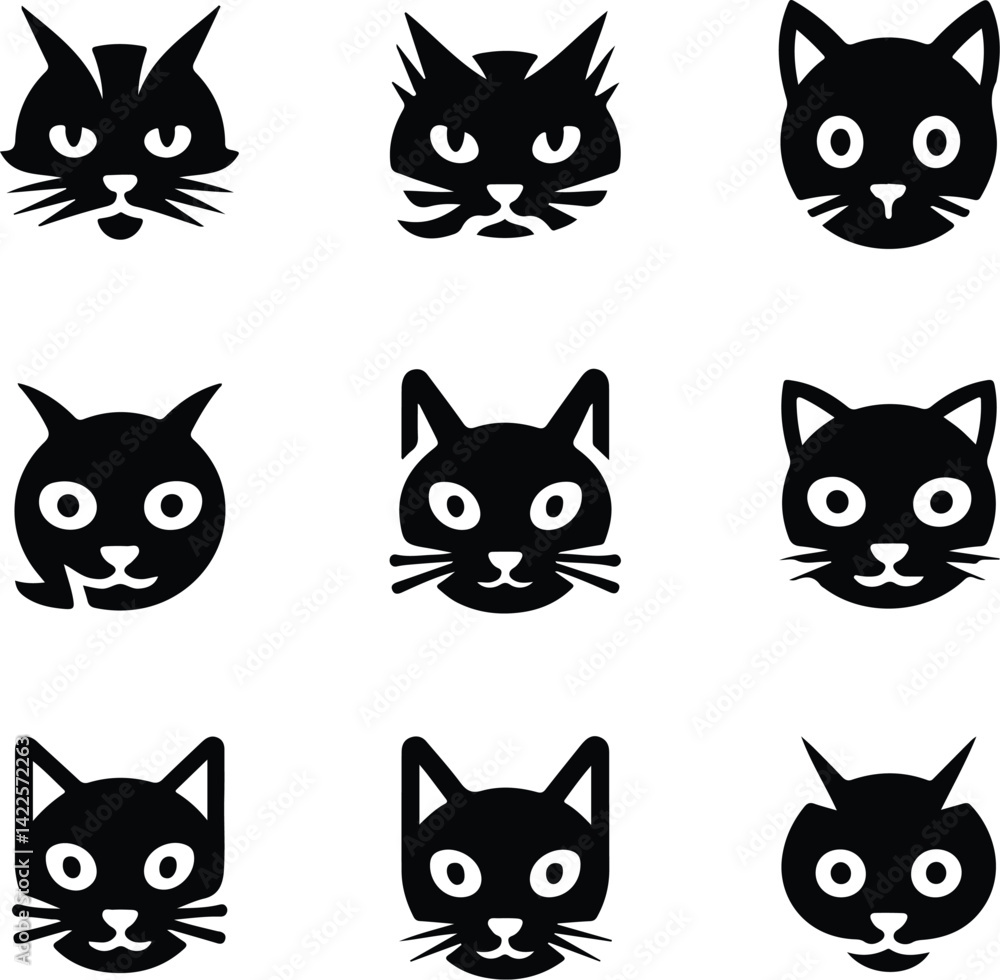 Fototapeta premium Cat Head Silhouette Set | Pet Animal Face Vector Minimal Cat Face Outline | Cute Kitty Head Clipart