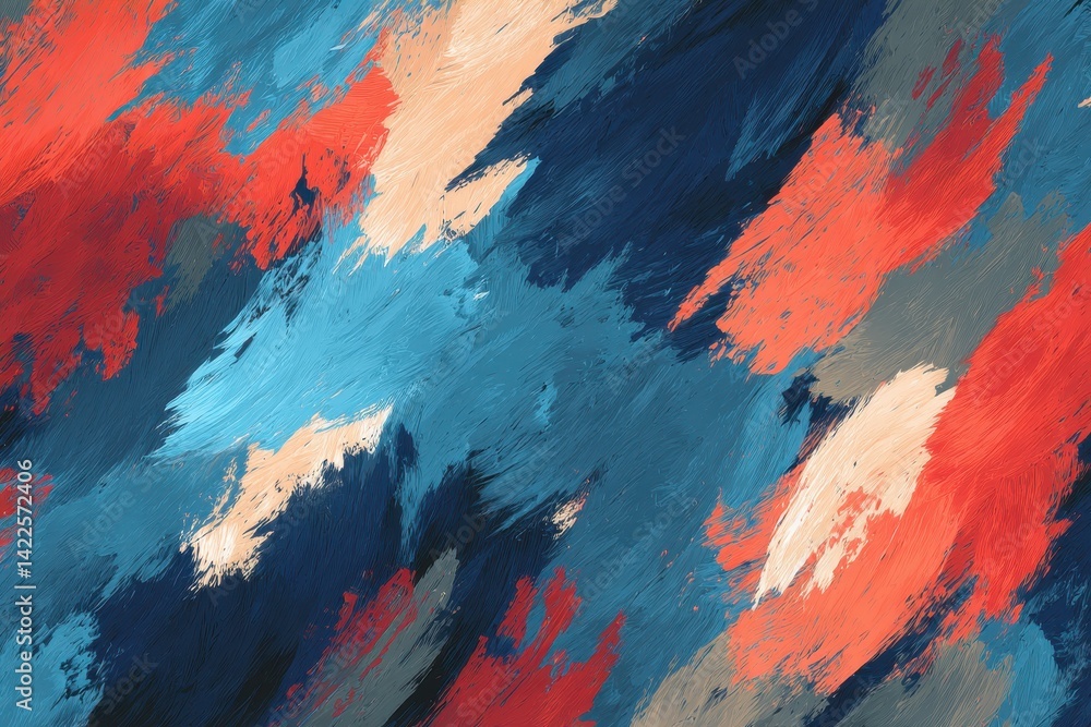 Abstract painting with bold brushstrokes of red, blue, orange, and gray creating a dynamic and textured surface. Abstract painting with bold brushstrokes of red, blue, orange, and gray creating a dynamic and textured surface.