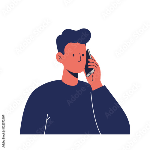 Person talking on the phone exchanging ideas against a plain background  