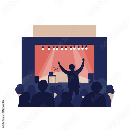 Person celebrating at a concert on stage with audience background, music performance and entertainment, for event promotion, music blogs, media