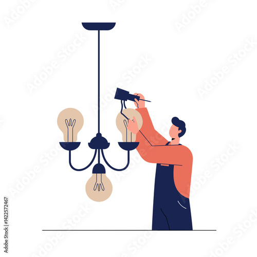 Person fixing a light bulb while adjusting a chandelier, home setting illustration, home repair and maintenance, for blogs, articles, DIY guides, service promotion