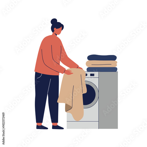 Person Folding Laundry at Home, in Cozy Indoor Setting illustration, daily routine and domestic life, for home organizing blogs, cleaning service websites, lifestyle articles, household tips