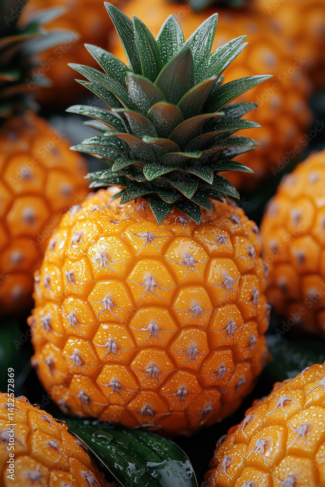 Close-up of fresh ripe pineapple with vibrant green leaves and detailed textured skin
