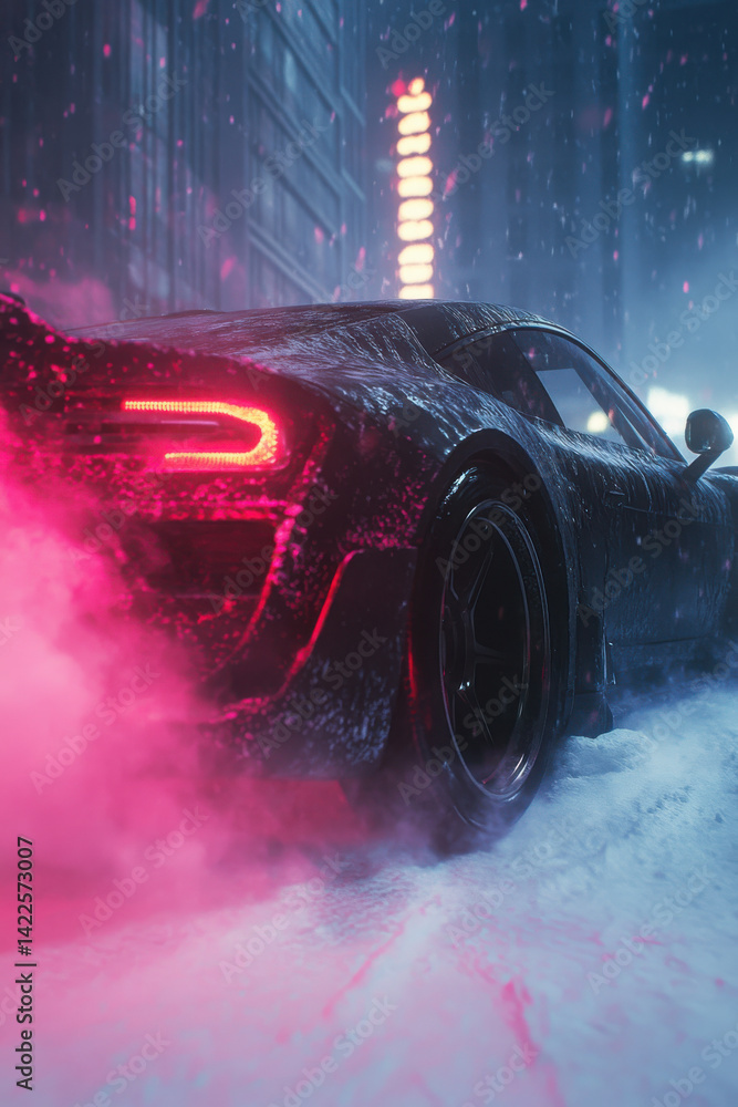 Sleek sports car with neon lights in a snowy urban nightscape evokes cyberpunk aesthetic and futuristic city vibes