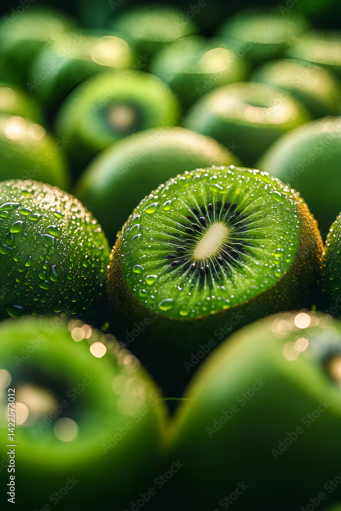 Fresh dew-kissed kiwis: close-up shot of vibrant green fruits with water droplets in sunlight