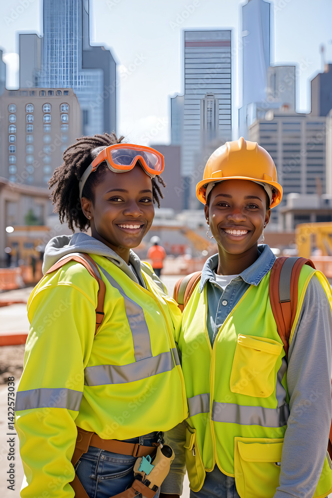 Two african young women construction workers smiling at urban building site with skyscrapers in the background