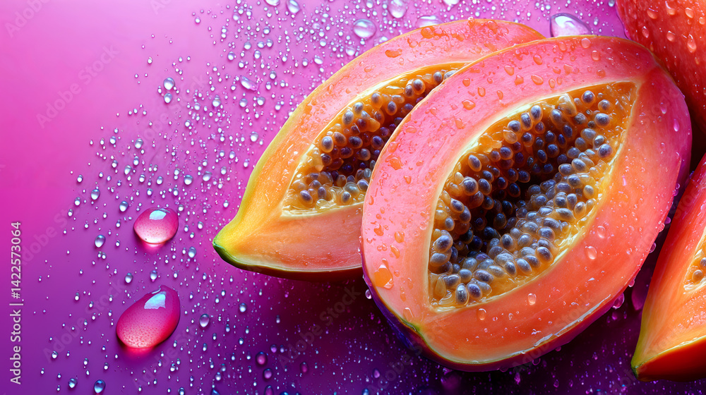 Vibrant sliced papaya with water droplets on bright pink gradient background