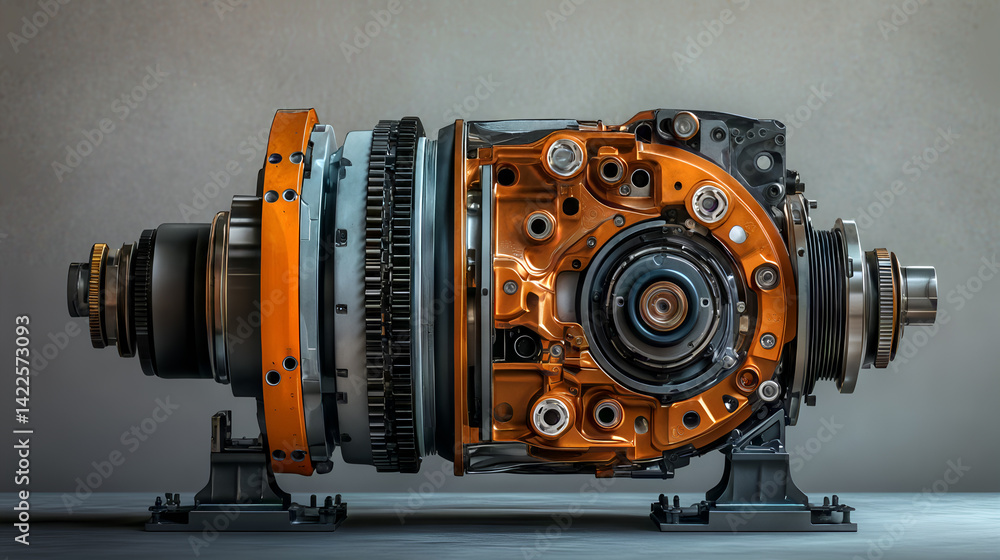 Cross-section of industrial gearbox with orange and metallic components on display