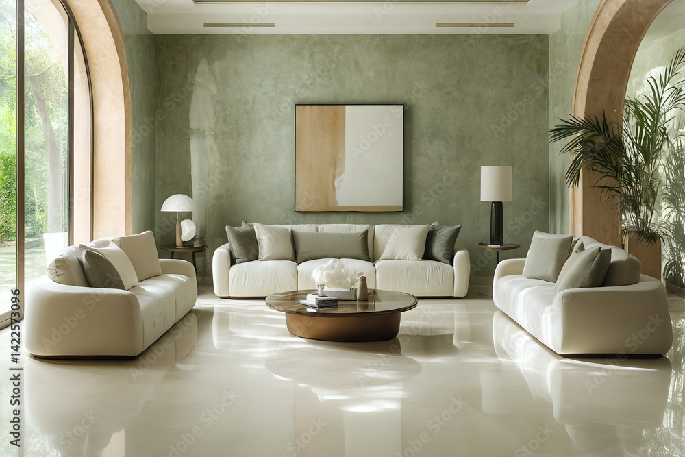 Modern minimalist living room with elegant white sofas and contemporary decor in bright, sunlit space