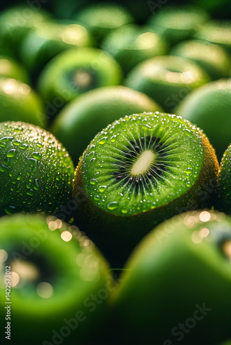 Obraz na płótnie Fresh dew-kissed kiwis: close-up shot of vibrant green fruits with water droplets in sunlight w salonie