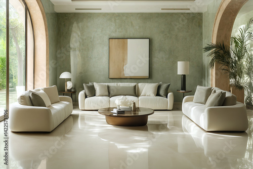 Modern minimalist living room with elegant white sofas and contemporary decor in bright, sunlit space