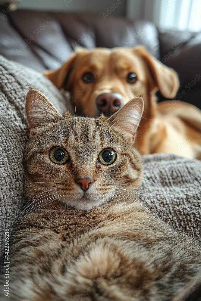 Close-up of tabby cat and labrador dog relaxing on a cozy sofa together