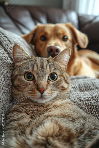 Obraz na płótnie Close-up of tabby cat and labrador dog relaxing on a cozy sofa together w salonie