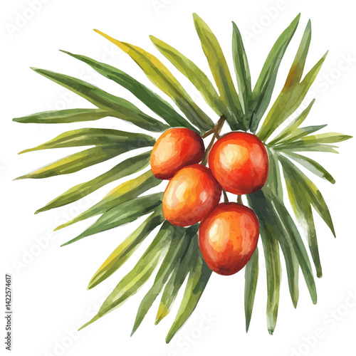 Mangaba Fruit On Palm Leaves, watercolor vector, isolated on a white background.
