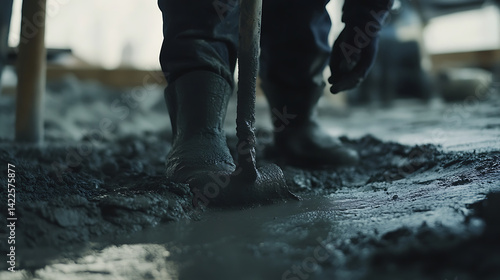 Construction Worker Using Shovel in Wet Cement