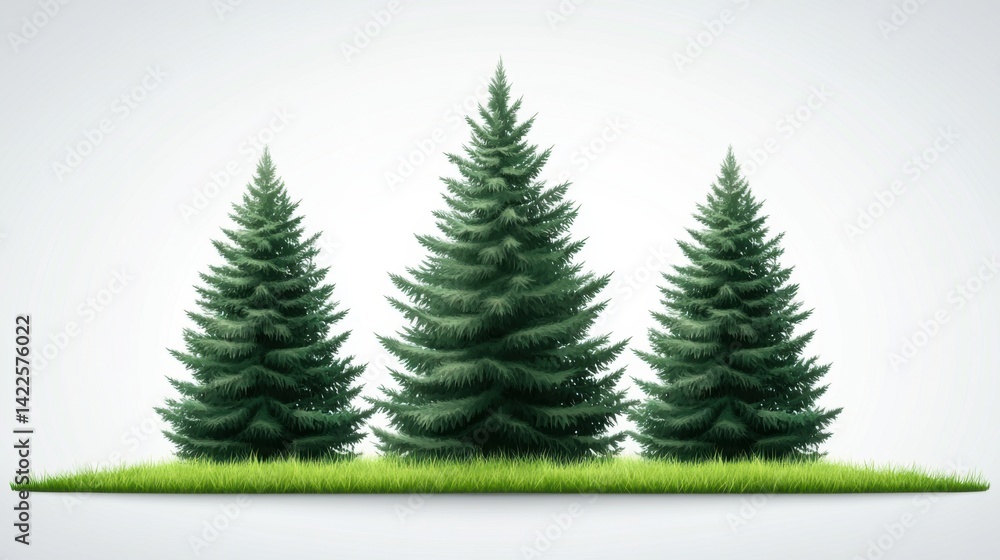 Obraz premium Three Lush Evergreen Trees on a Simple Green Grass Background for Nature and Outdoor Themes