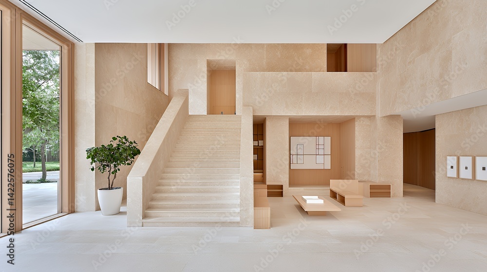 Fototapeta premium Modern interior with grand staircase minimalist design neutral light