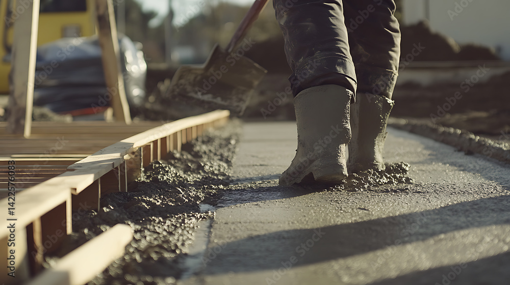 Construction Worker Smoothing Concrete on a Sidewalk