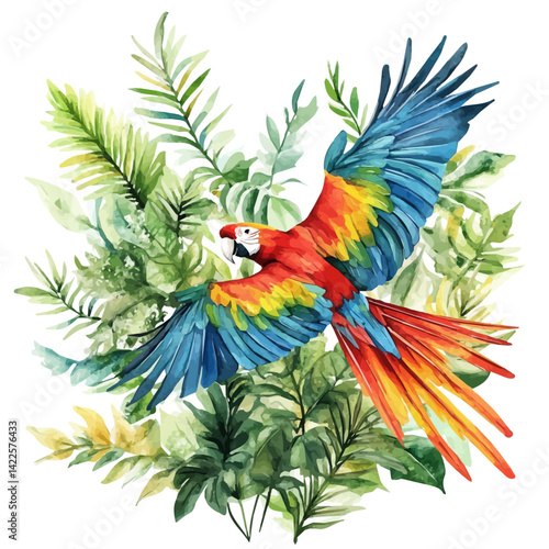 Macaw Flying Through Dense Foliage, watercolor vector, isolated on a white background.