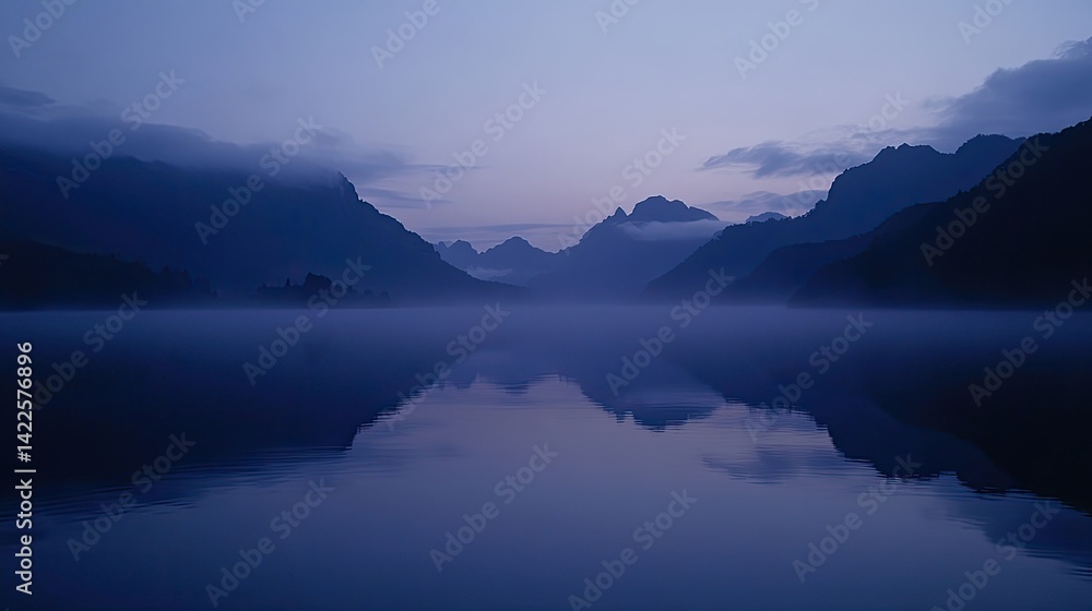 Serene Twilight Lake Landscape with Misty Mountains and Reflections Serene Twilight Lake Landscape with Misty Mountains and Reflections