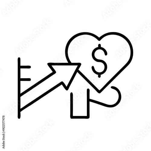 black outline icon of hand holding heart with dollar sign and upward arrow, concept of financial growth, charity or donation, minimal style