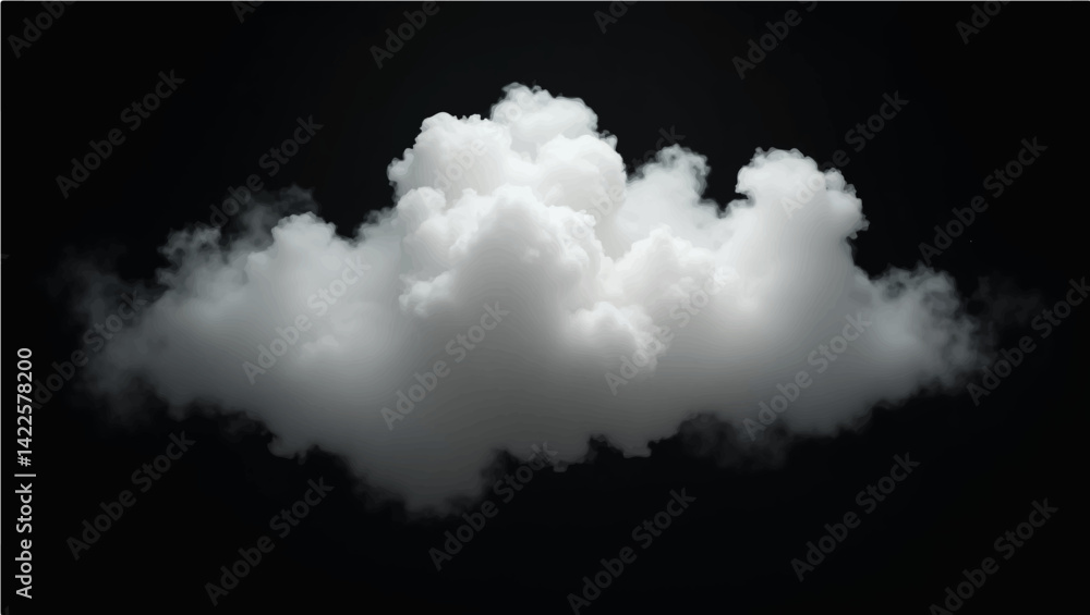 Vector illustration of a single, white, puffy cloud centered horizontally against a solid black background. The cloud has irregular, soft edges that appear somewhat transparent and dissipate outwards. Vector illustration of a single, white, puffy cloud centered horizontally against a solid black background. The cloud has irregular, soft edges that appear somewhat transparent and dissipate outwards.