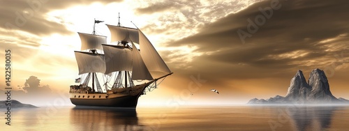 Majestic Sailing Ship at Golden Sunset: A Serene Seascape