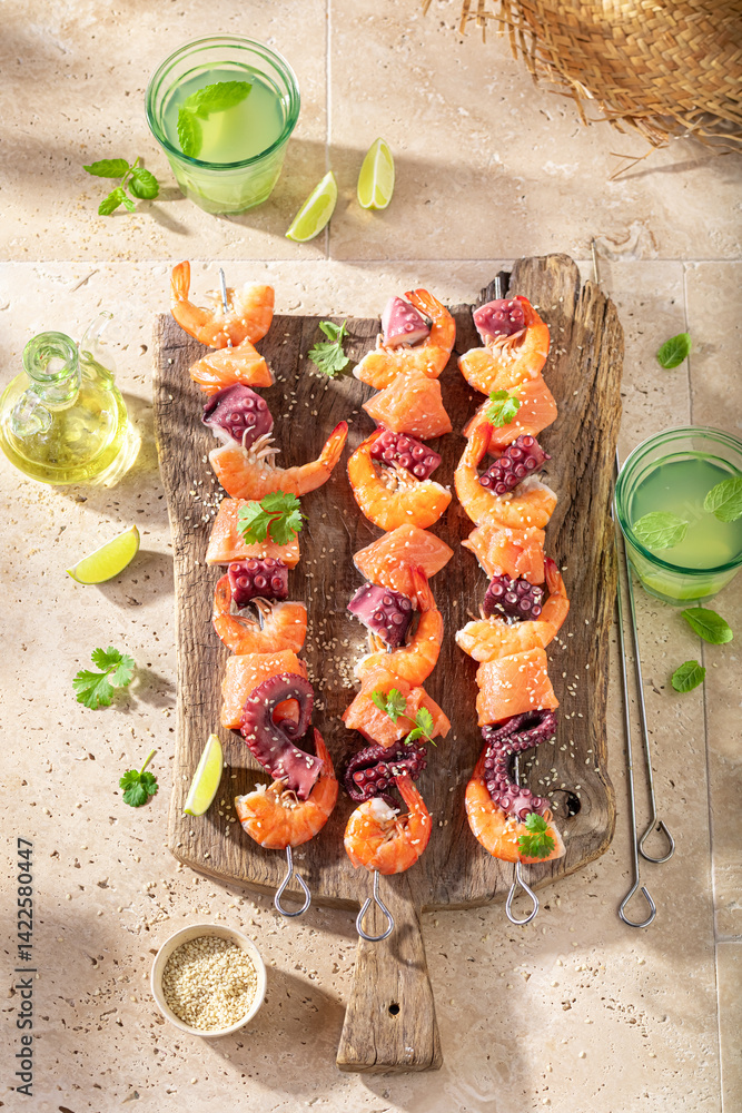 Ingredients for roasted skewer as healthy summer appetizer.