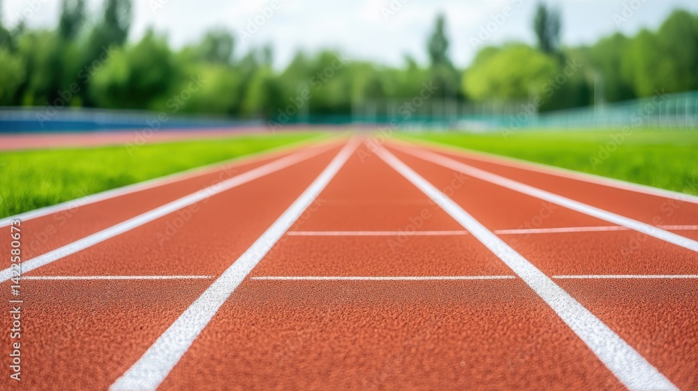 Close-Up View of a Track Field with Clear Lanes and Lush Green Background under Bright Sky