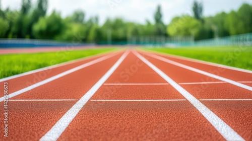Obraz na płótnie Close-Up View of a Track Field with Clear Lanes and Lush Green Background under Bright Sky w salonie
