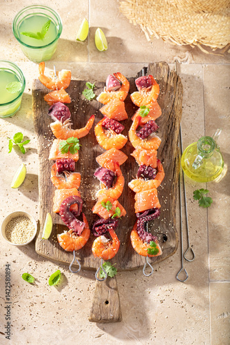 Ingredients for roasted skewer as summer snack for bbq.