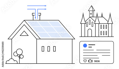 Clean-lined house with solar panels, airflow arrows, nearby trees, distant castle, and a social media post with thumbs ups and comments. Ideal for sustainability, architecture, technology, history