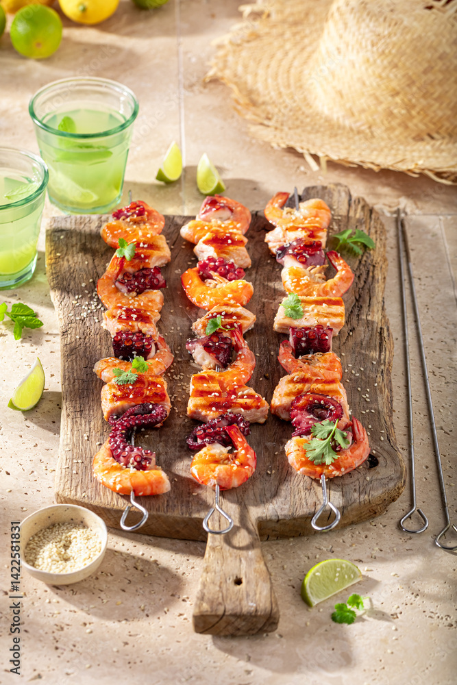 Spicy grilled skewer as food for vegetarian barbecue.