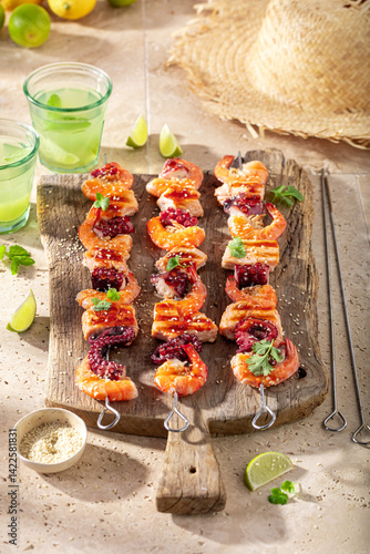 Spicy grilled skewer as food for vegetarian barbecue.