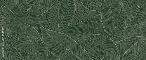 Elegant Line Art Tropical Leaves: Dark Green Botanical Print