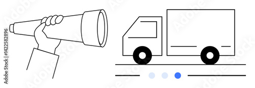 Hand holding telescope searching forward next to a delivery truck moving on a road. Ideal for logistics, exploration, transport, supply chain, outlook, business planning, simple landing page