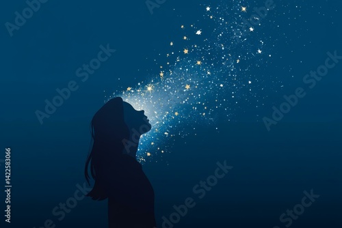 Silhouette of a Woman Gazing Upwards as Stars and Light Cascade Around Her Head in a Fantasy Scene.