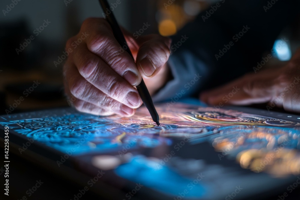 Naklejka premium Hand using stylus on a tablet with a colorful drawing illuminated in a dim ambient light setting for creative work