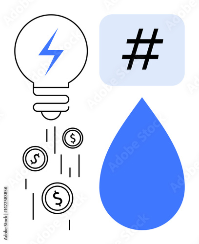 Lightbulb with coins, blue droplet, and metadata tag combining ideas of energy, water conservation, social media, monetization. Ideal for innovation, sustainability, finance online trends