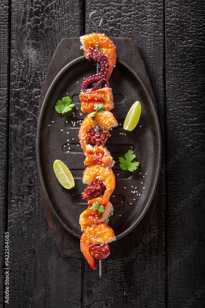 Fresh roasted skewer as a summer snack for bbq.