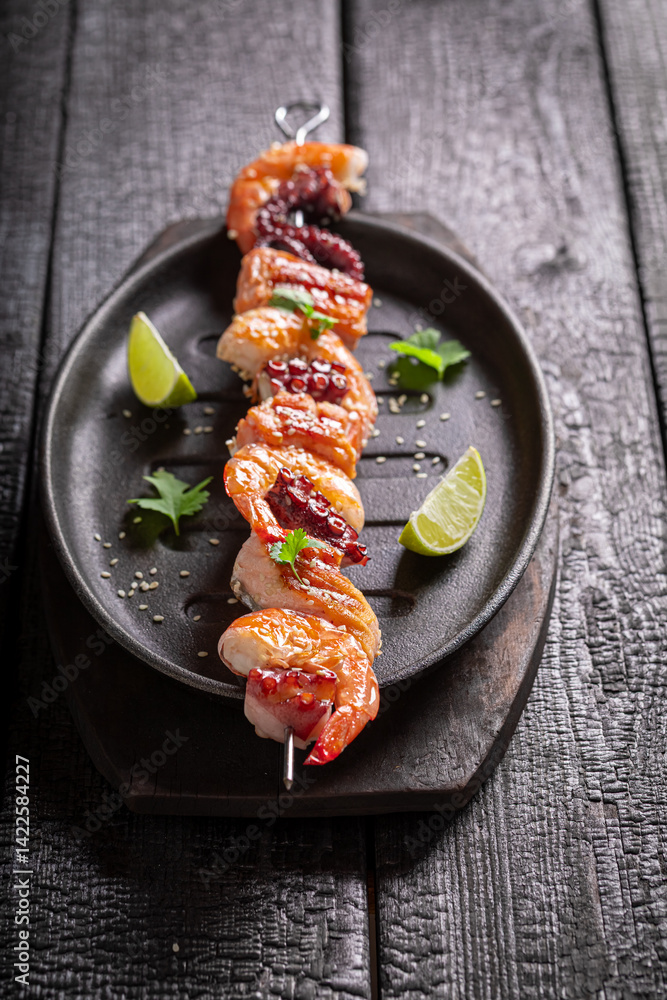 Tasty roasted skewer as the Mediterranean diet.